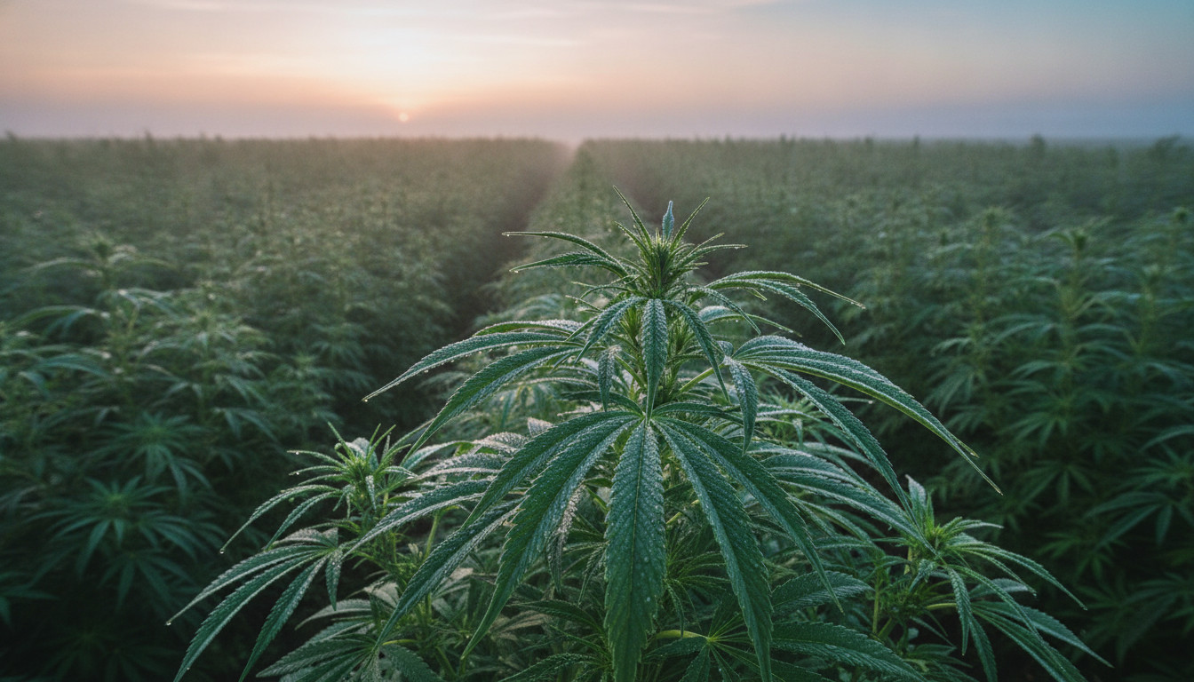 Serene hemp field at dawn with dew on leaves symbolizing hope and new beginnings