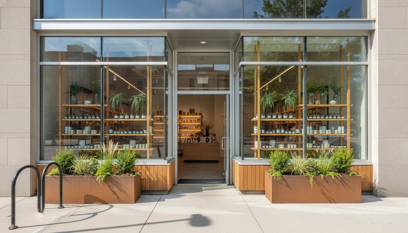 Modern cannabis retail storefront with warm wood facade, large glass windows, planters, and bike rack