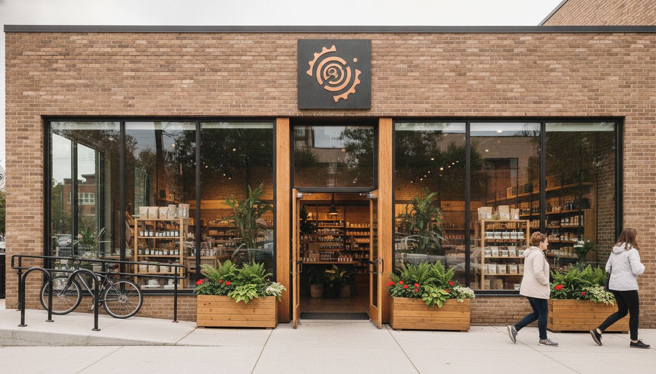 A modern, welcoming cannabis retail storefront in Minneapolis with large glass windows, wooden trim, planters at the entrance, a bike rack, and an accessible ramp under soft overcast daylight.