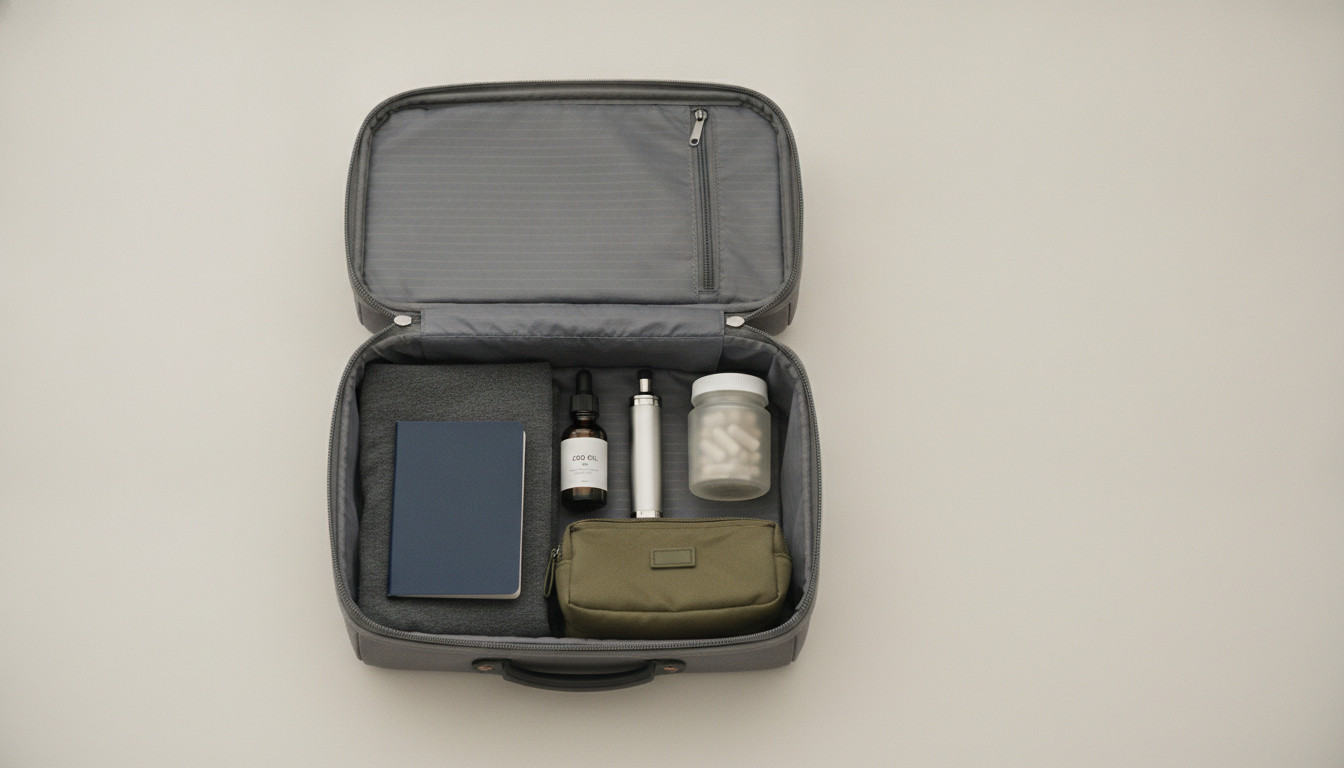 Open travel suitcase with CBD oil bottle, vape pen, capsules and smellproof pouch
