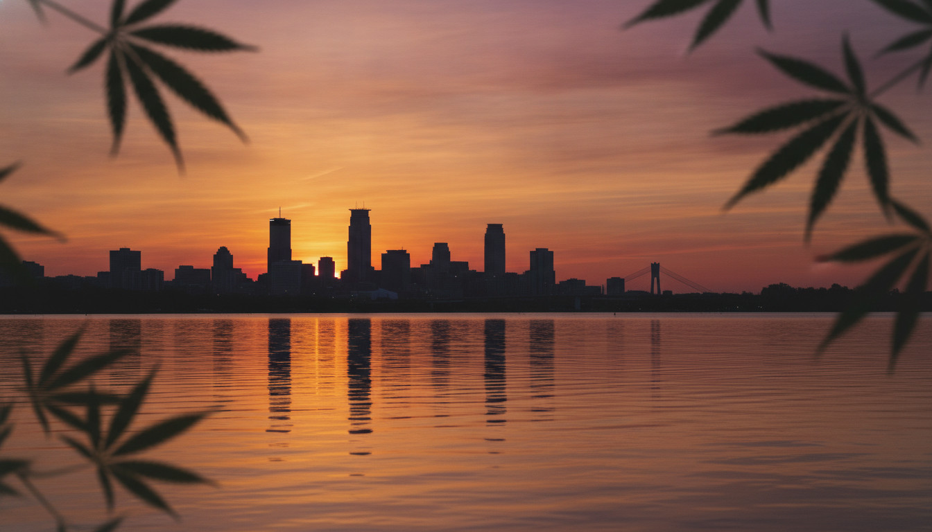 Sunset view of Twin Cities skyline with soft-focus cannabis leaf silhouettes in the foreground, warm golden-magenta sky reflected on calm lake water.