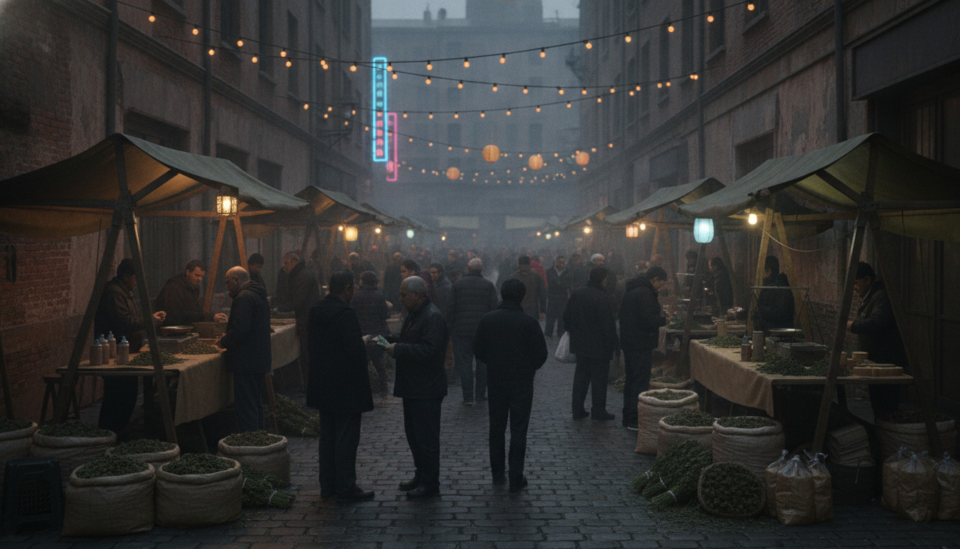 Urban cannabis market at dusk with informal stalls, subtle string lights, vendors weighing plant bundles, patrons making small cash exchanges, soft smoke haze and worn buildings in background.