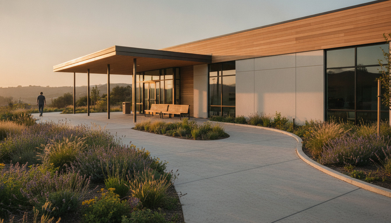 Exterior of a modern wellness clinic with clean glass entry, accessible ramp, and landscaped walkway