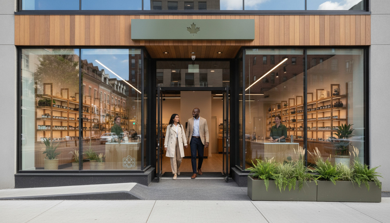 Canadian cannabis retail storefront with adult-use branding, modern glass facade, warm interior lighting, and two adults entering through a glass door.