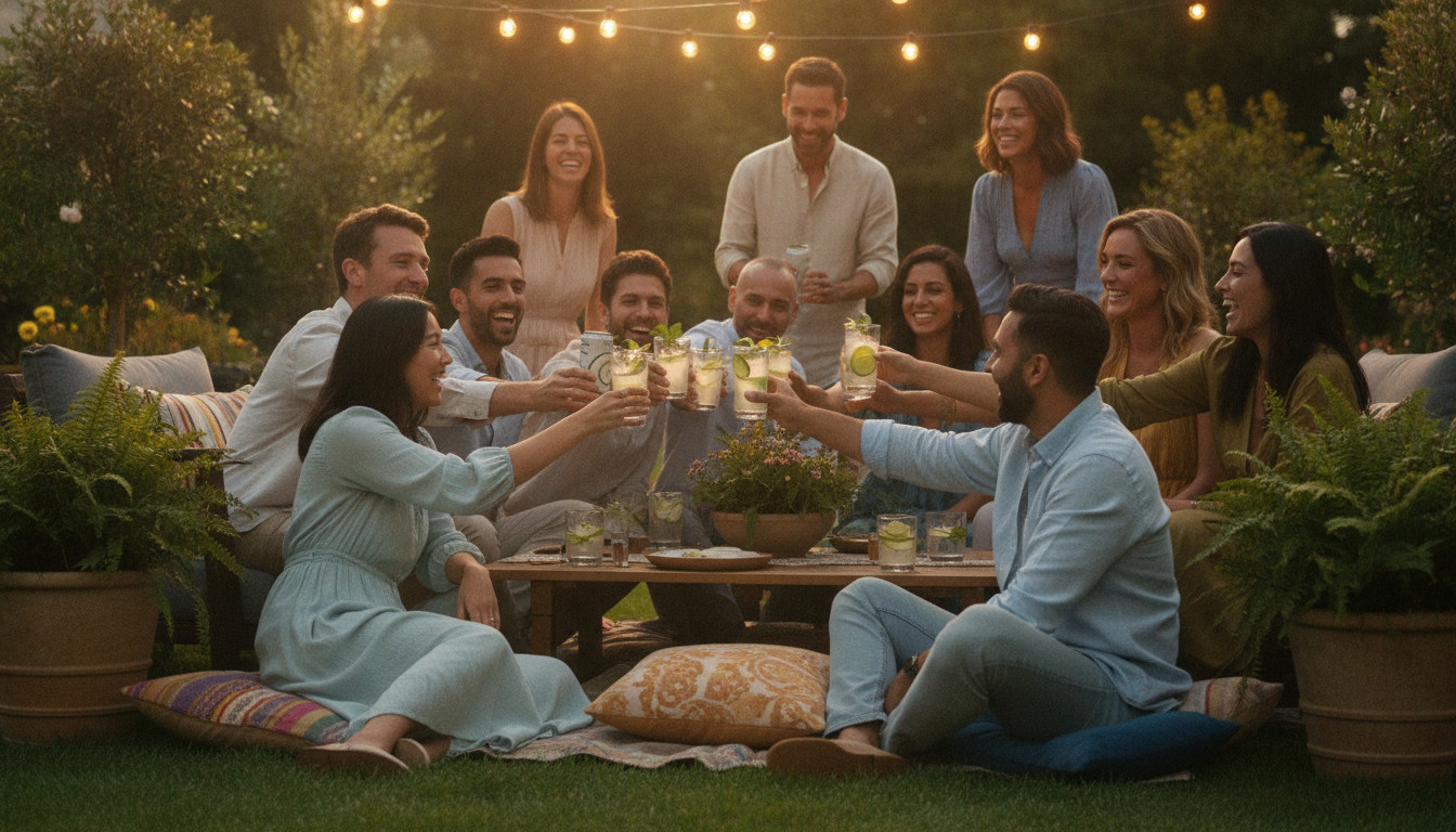 People clinking cannabis beverage cans at an outdoor gathering