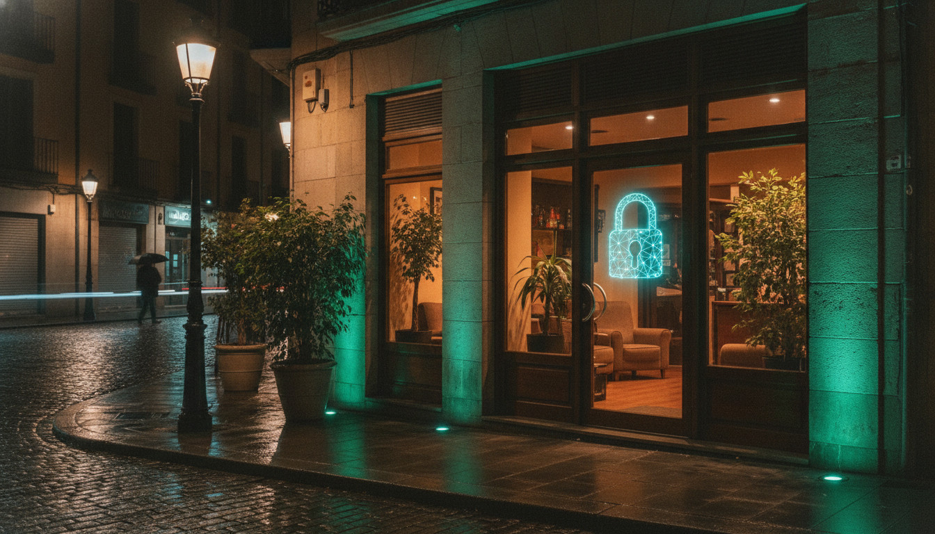 Cannabis club storefront at night with subtle green lighting and a glowing digital padlock on the door
