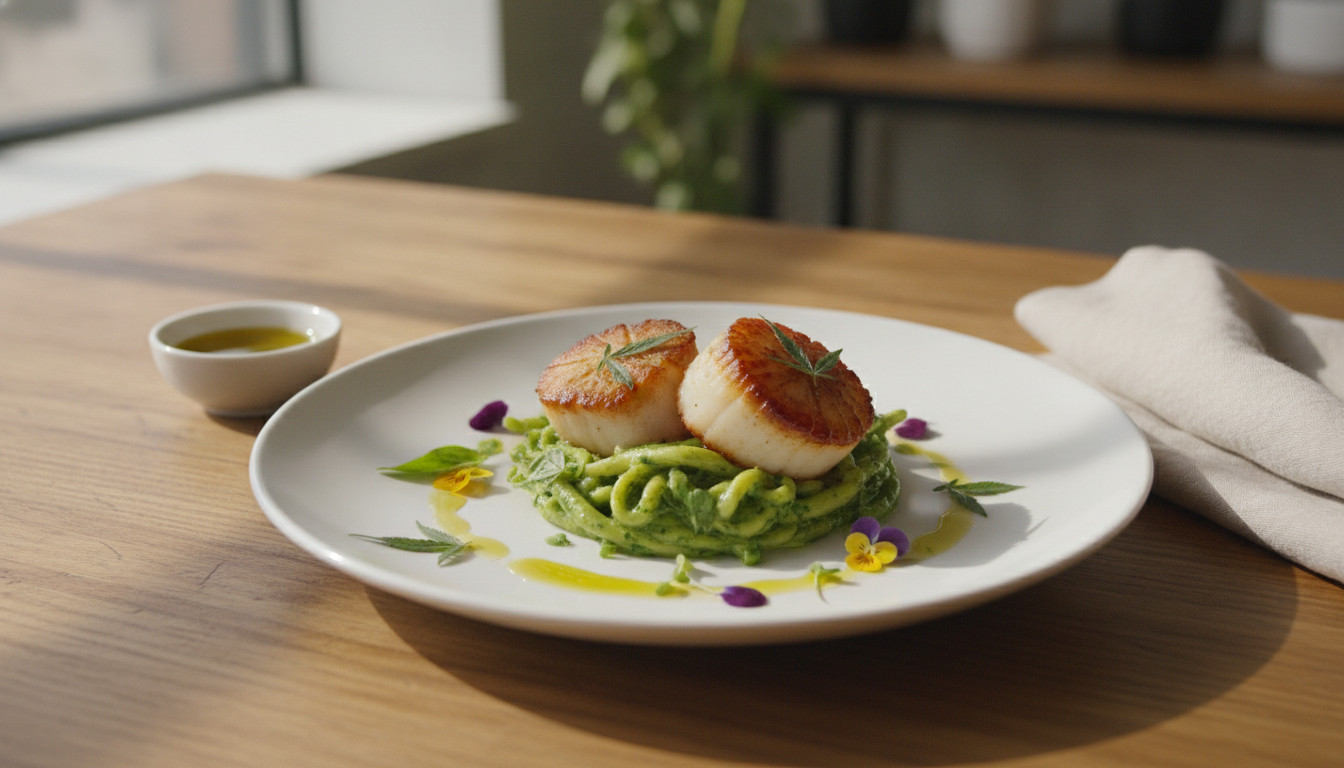 A gourmet cannabis-infused dish plated on a white plate with fresh herbs and cannabis leaves