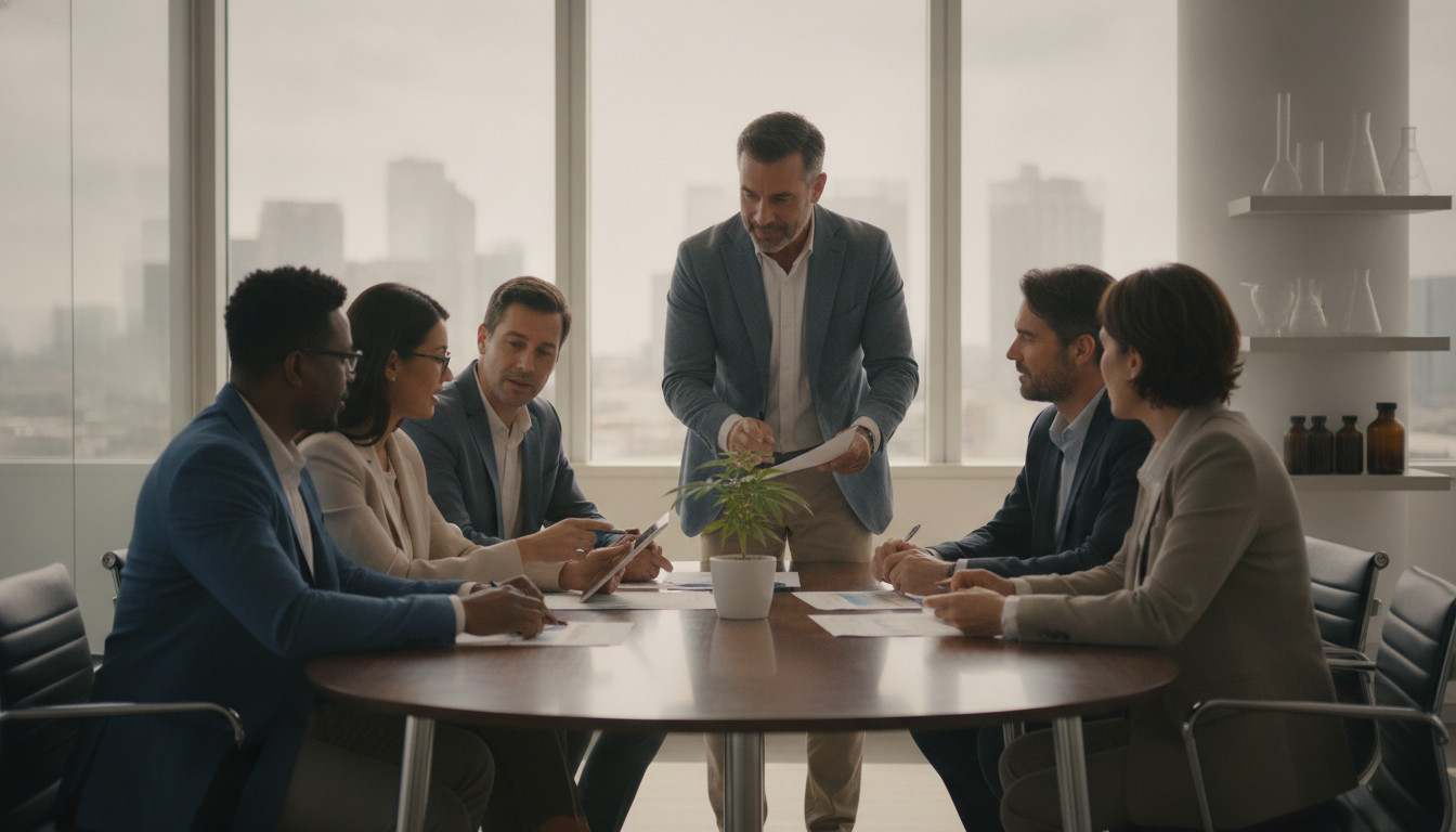 Diverse group of cannabis industry executives collaborating around a conference table in a modern, well-lit office; the scene conveys leadership, innovation, and teamwork.