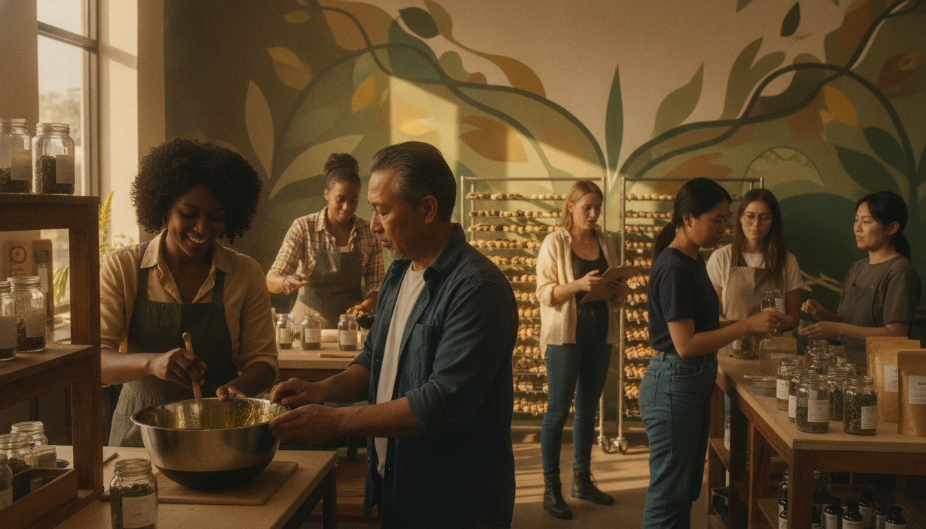 Community incubator showing diverse team collaborating in a sunlit shared kitchen and boutique workspace