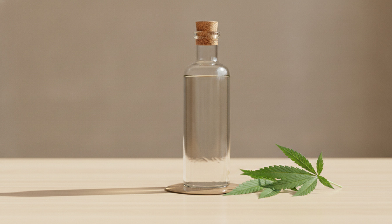 Clear glass bottle of high proof grain alcohol next to fresh cannabis leaves on a neutral background