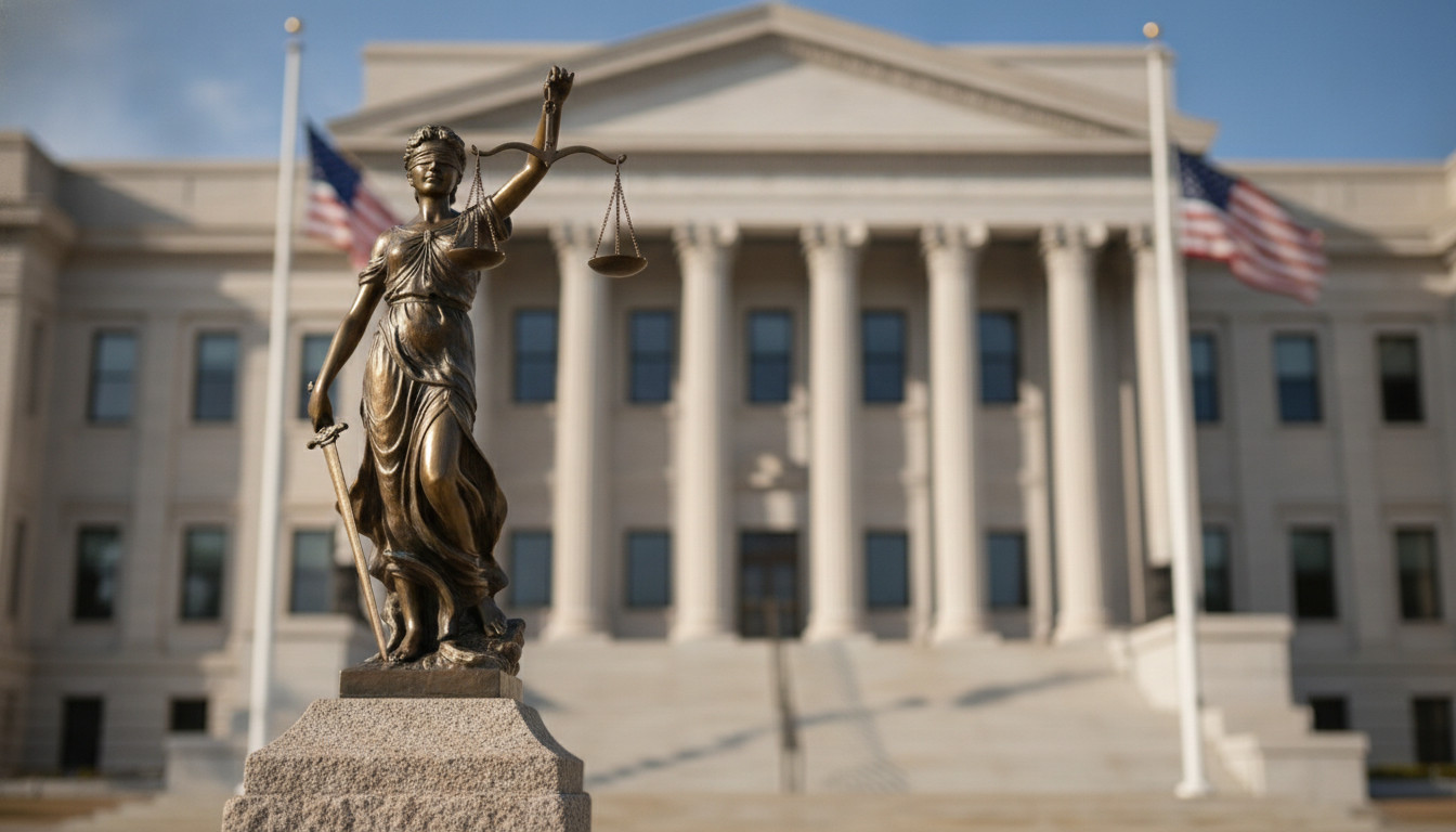 Bronze scales of justice in front of a neoclassical federal courthouse with American flags during daytime