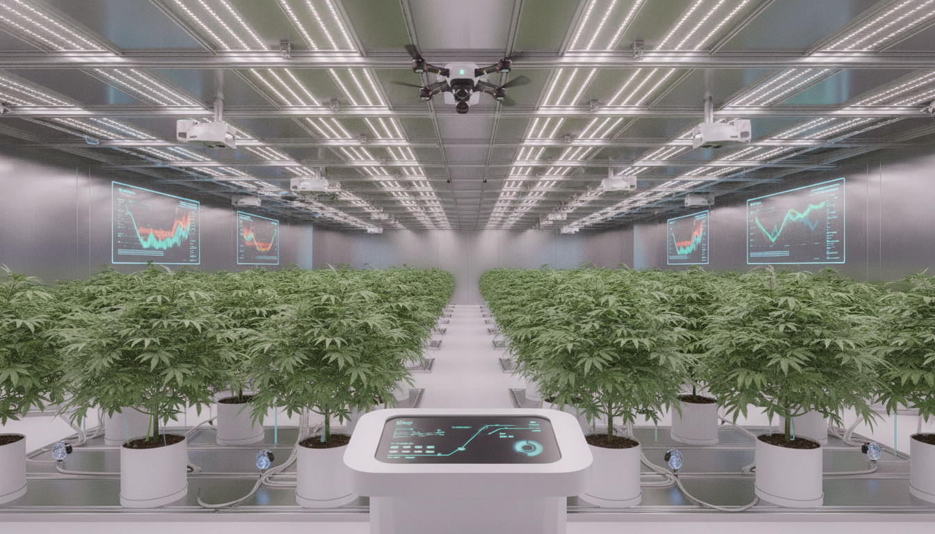 High tech cannabis greenhouse with spectral sensors, LED lighting, robotic inspection drone, and digital monitoring systems