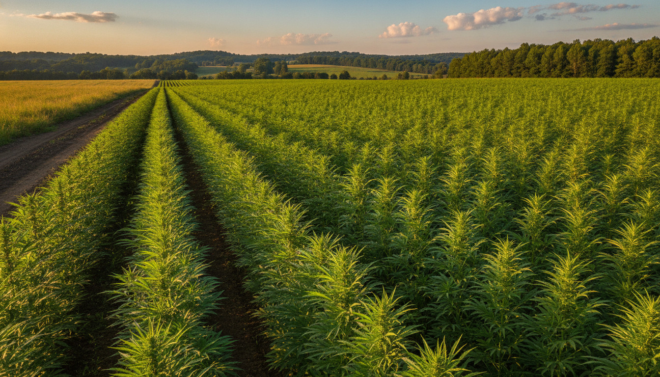 Vibrant hemp field in Georgia under golden sunlight, rows of green hemp plants with rolling hills and a dirt farm road in the background