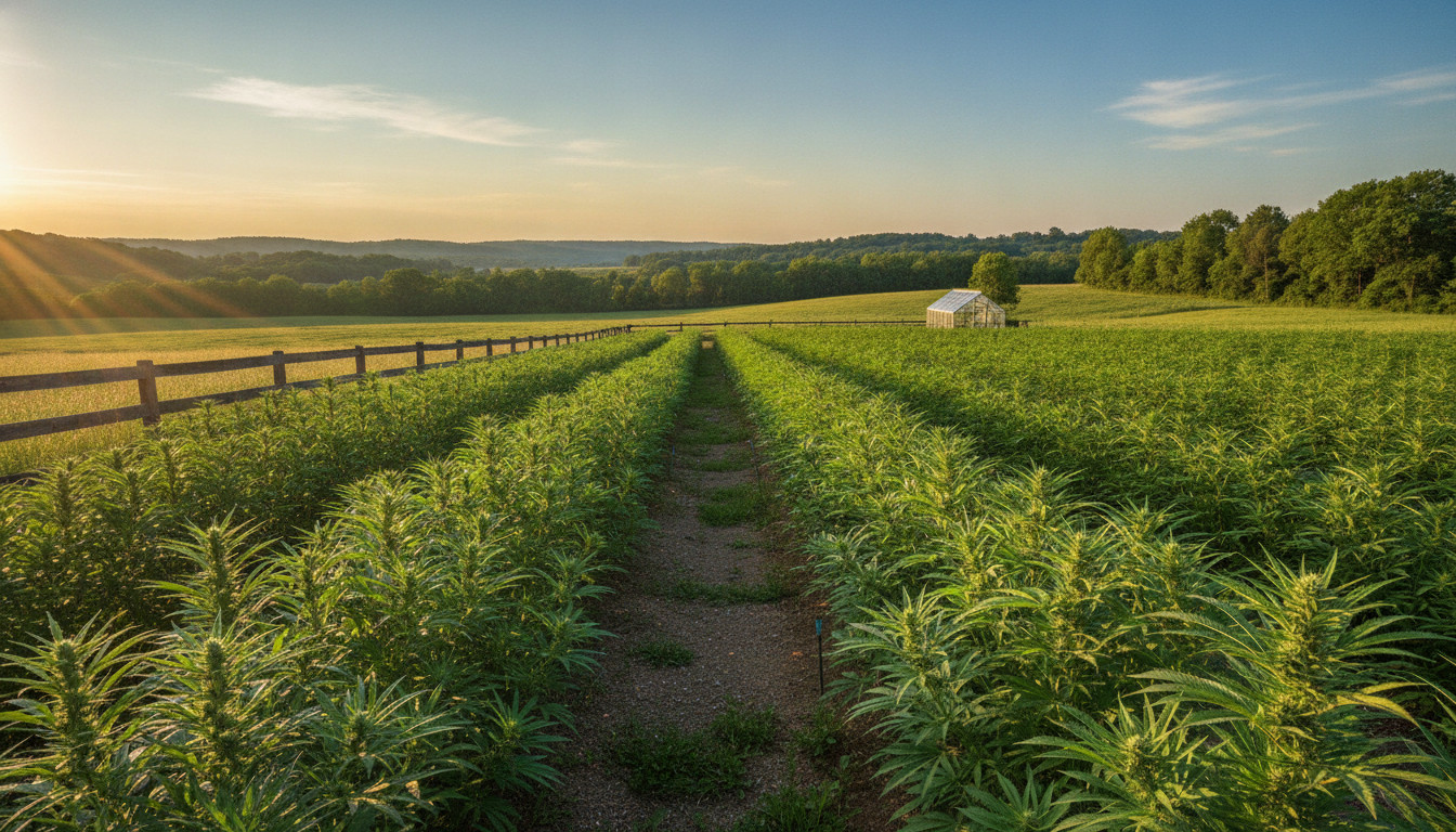 Green cannabis farm in Kentucky with rolling hills and healthy plants