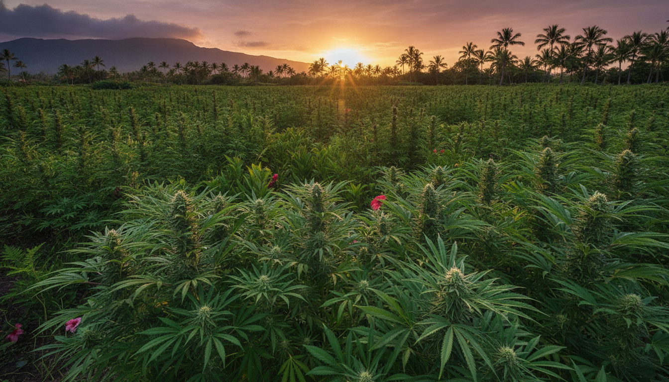 Lush Hawaiian cannabis field at sunset