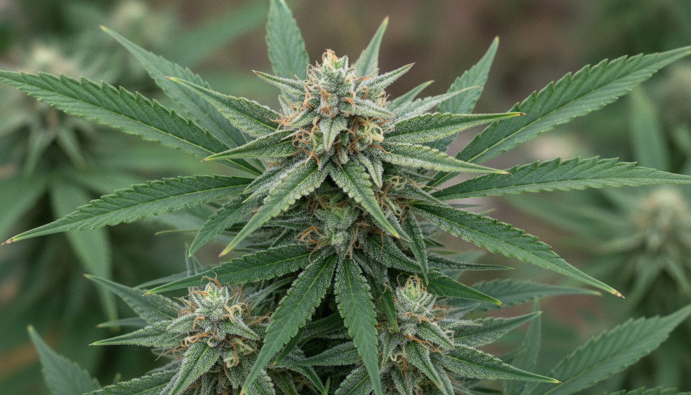 Close-up of hemp plant showing resin-coated buds and serrated leaves