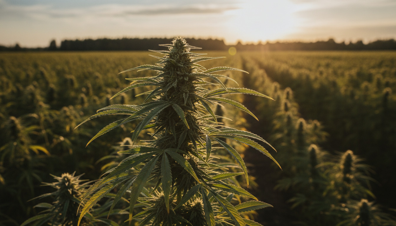 Mature hemp plant growing in a sunny field