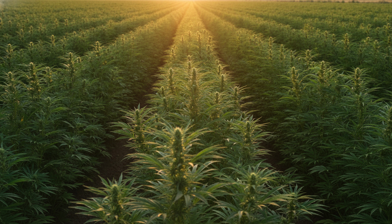 Sunlit hemp field with rows of green plants leading toward a warm golden sun