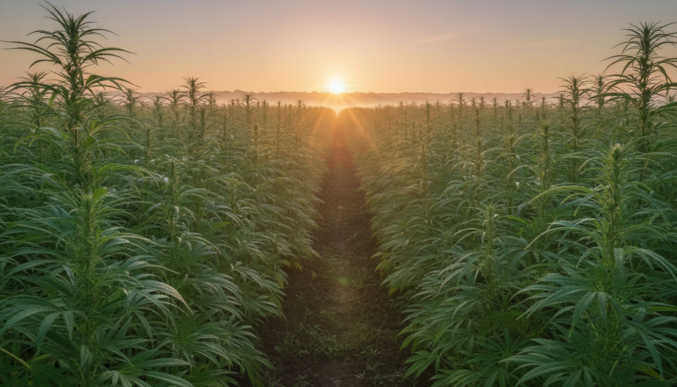 Hemp field at sunrise with warm golden light, dew on leaves, and soft mist