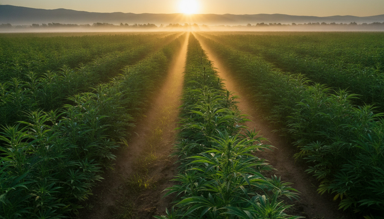 A vast hemp field at sunrise, with rows of green hemp plants backlit by warm golden light and a soft morning mist near the ground, evoking peace, growth, and hopeful potential.