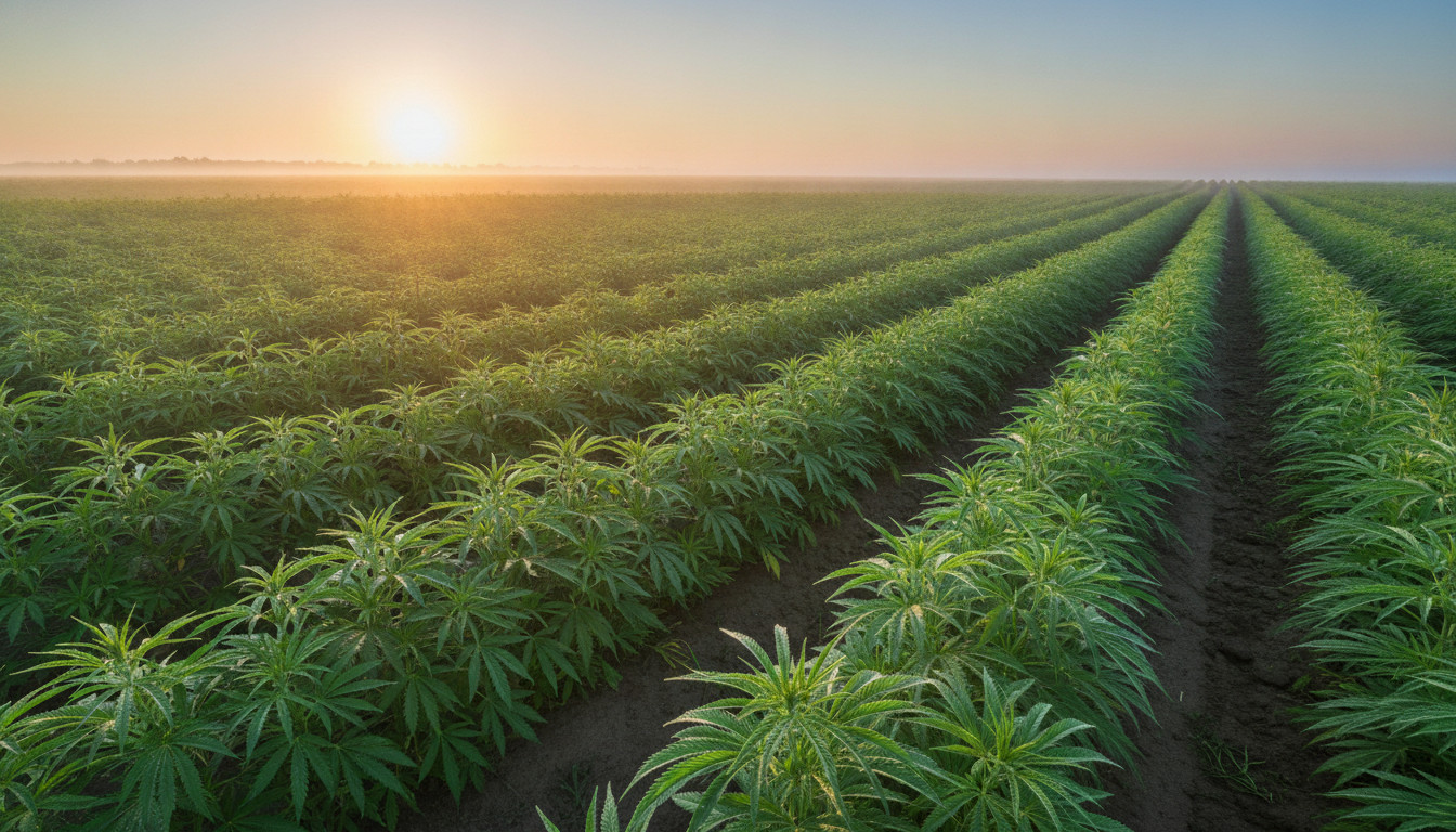 Hemp field at sunrise with warm golden light highlighting green hemp plants