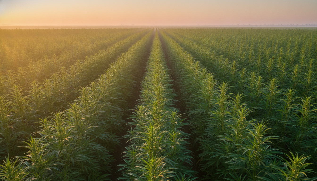 Hemp field at sunrise with morning mist and golden sunlight