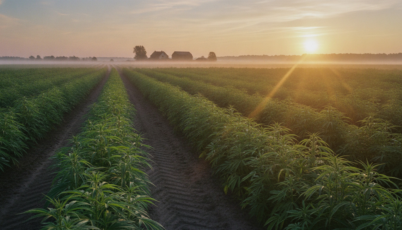 Hemp field at sunrise with mist and warm warm light