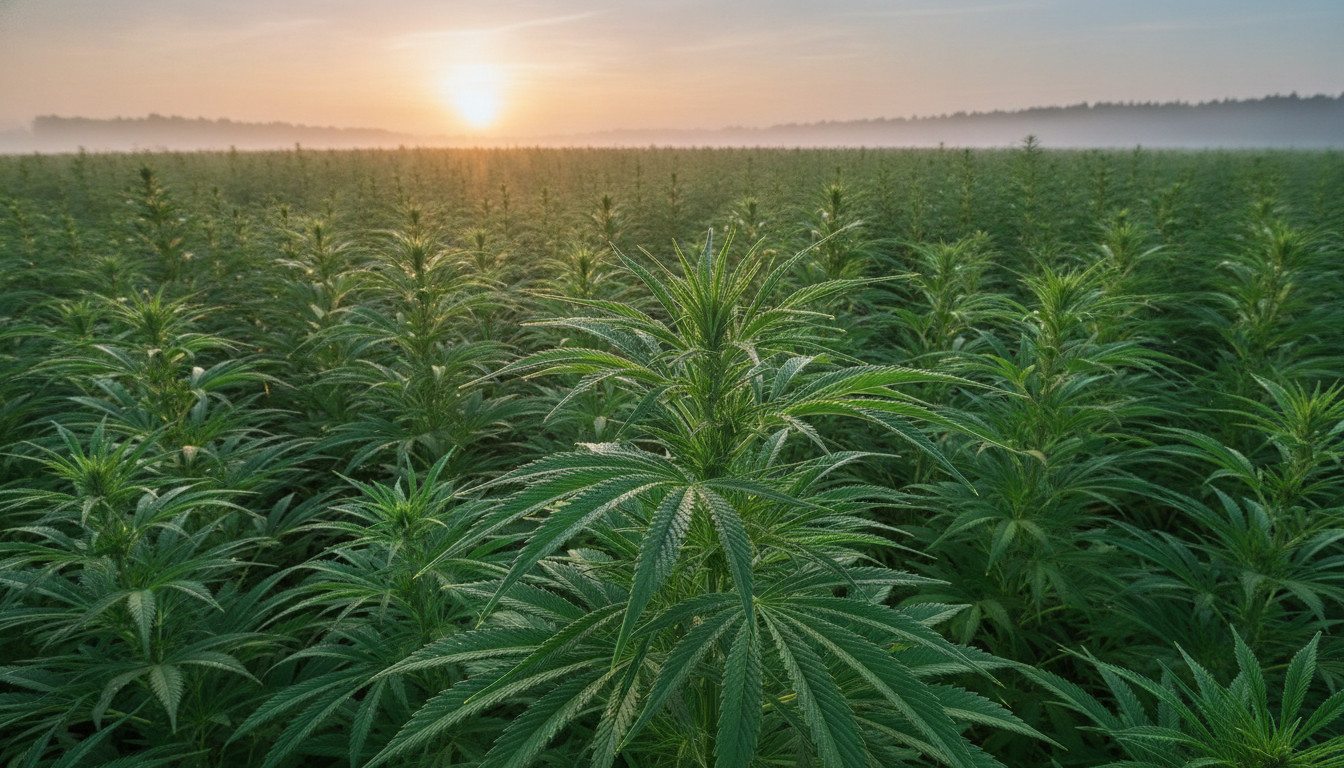 Hemp field at sunrise with soft golden light, misty rows of hemp plants, and a calm pastel sky evoking serenity and natural origins for hemp-related lifestyles.