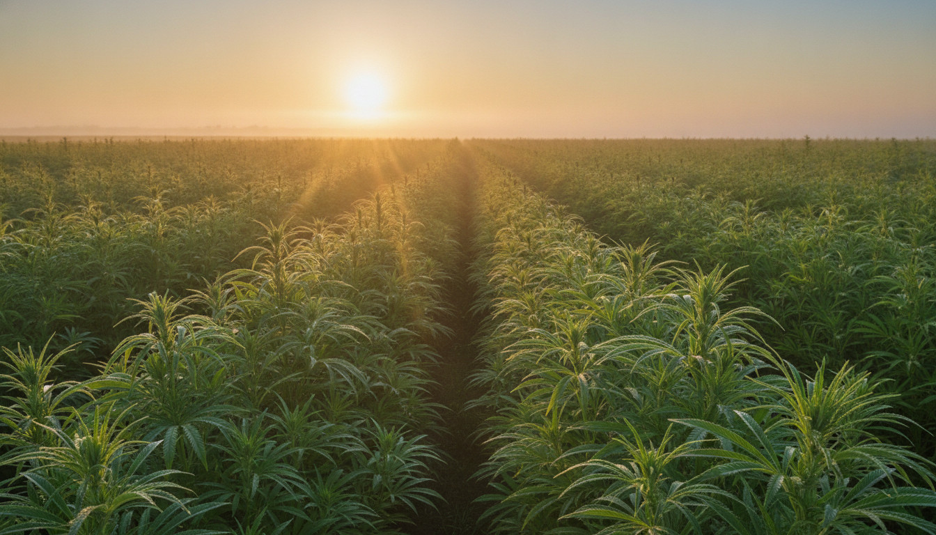 Hemp field at sunrise evoking natural wellness and purity