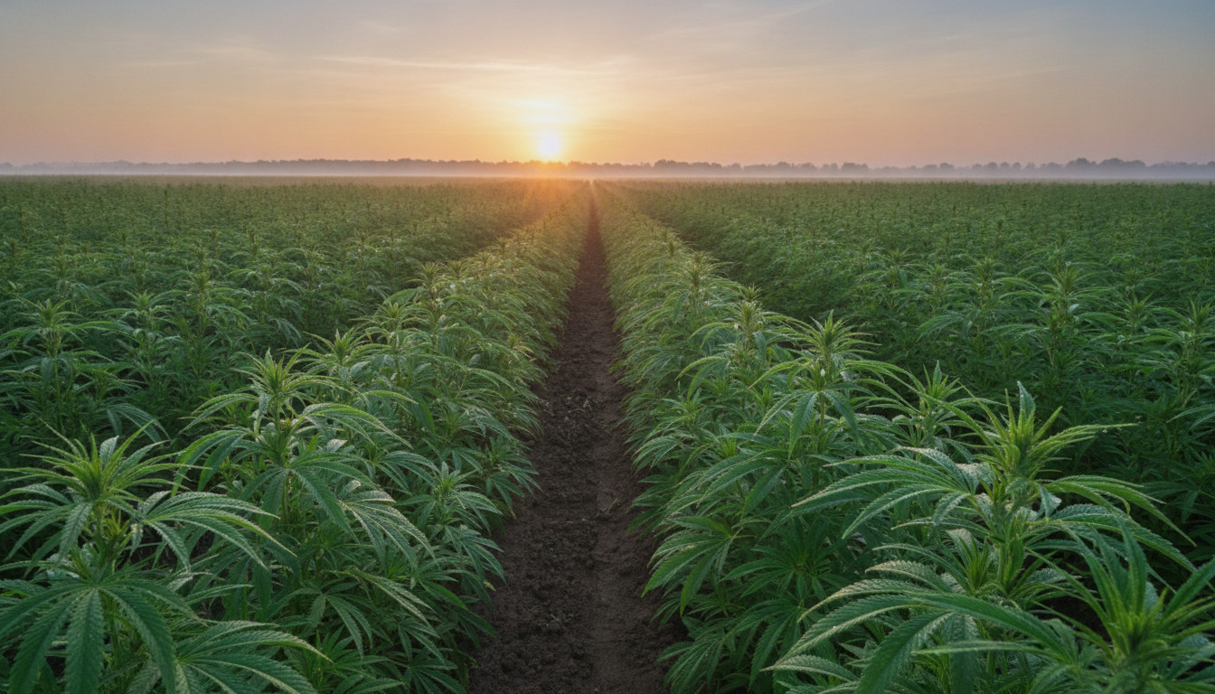 Tranquil hemp field at sunrise with golden light, soft mist, and dew-kissed leaves illustrating natural wellness and peaceful psychedelic exploration.