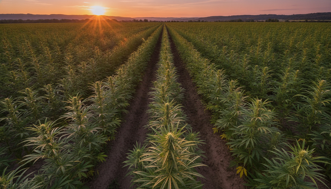 Hemp field at sunset with warm golden light, rows of mature hemp plants in foreground, soft backlight and calm natural ambiance