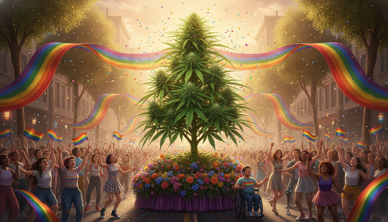Hemp plant on a decorated float at a pride parade, surrounded by diverse marchers and rainbow banners