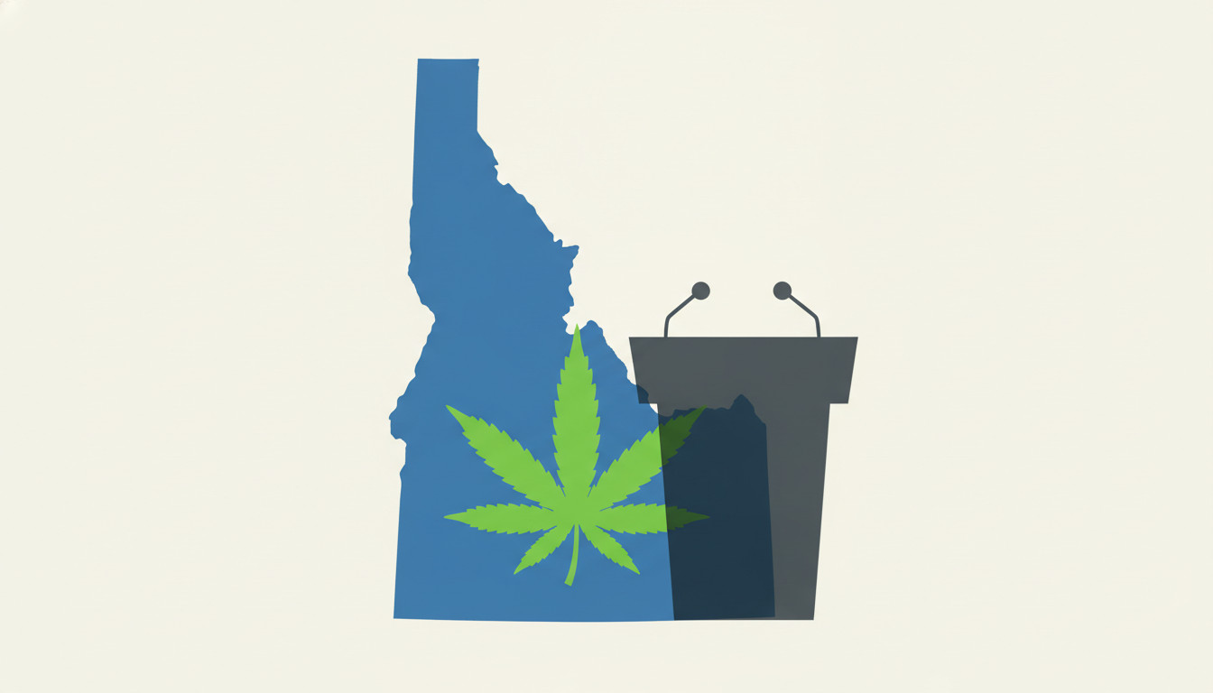 Idaho state map with a green cannabis leaf and a silhouette of a legislative chamber