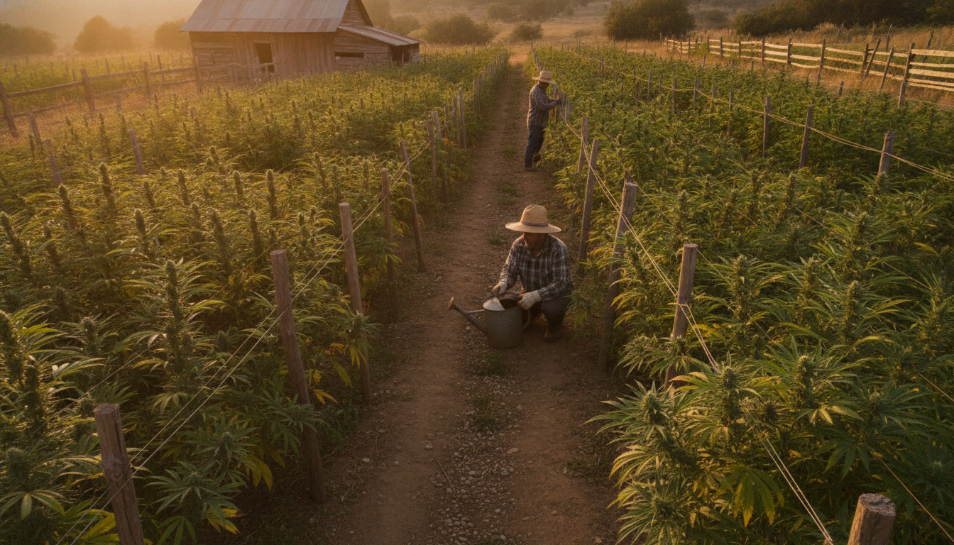 Legacy cannabis cultivation site outdoors with mature plants, wooden trellises, rustic fence, and workers in warm sunlight