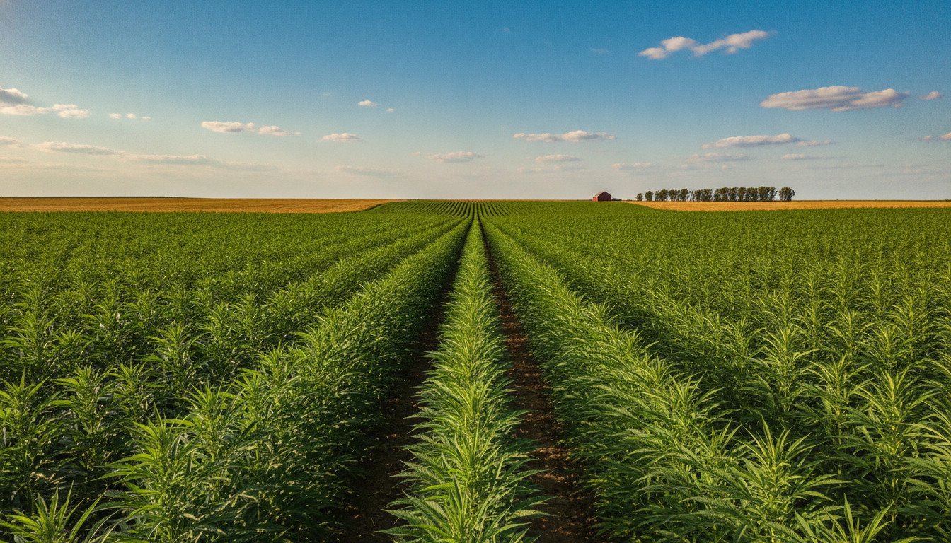 Hemp field in Nebraska under a bright blue sky with rows of green hemp plants and distant farm silhouette