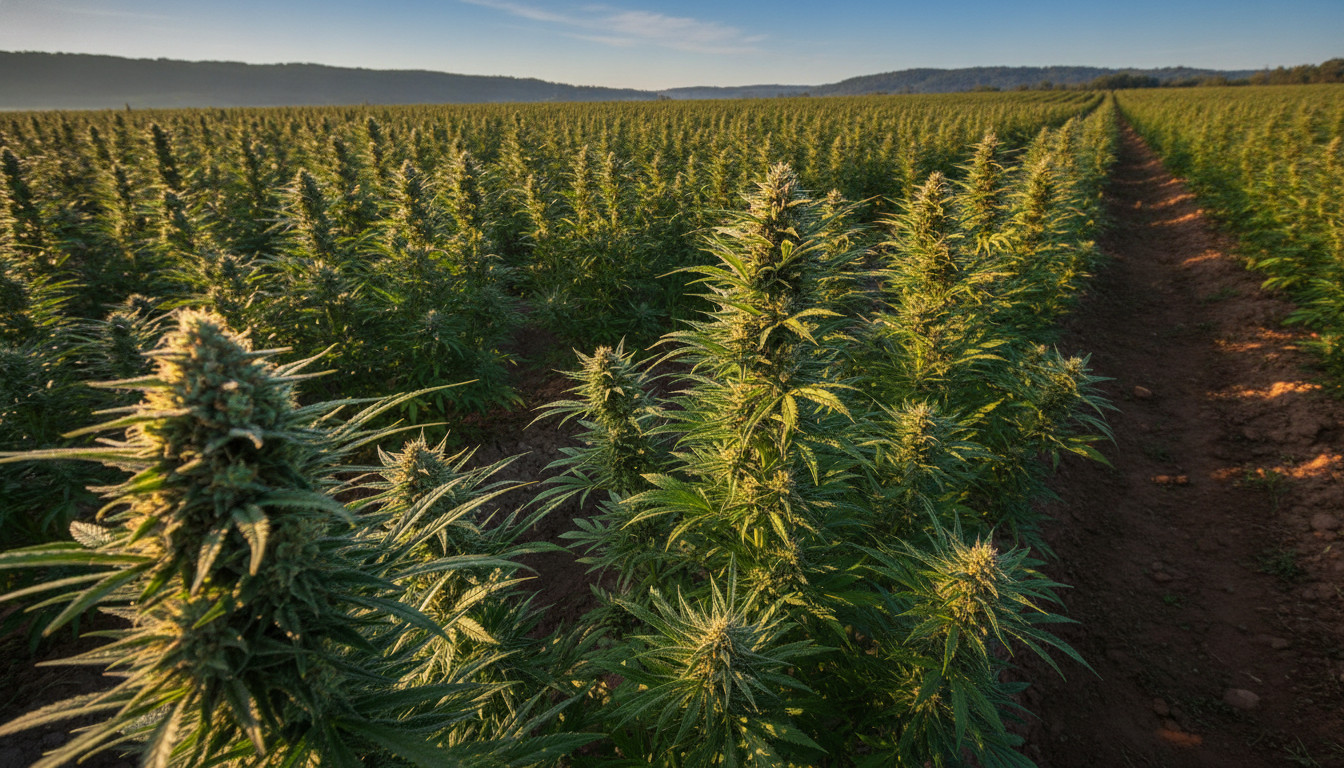 Cannabis field under golden sunlight with orderly rows of OG Kush plants
