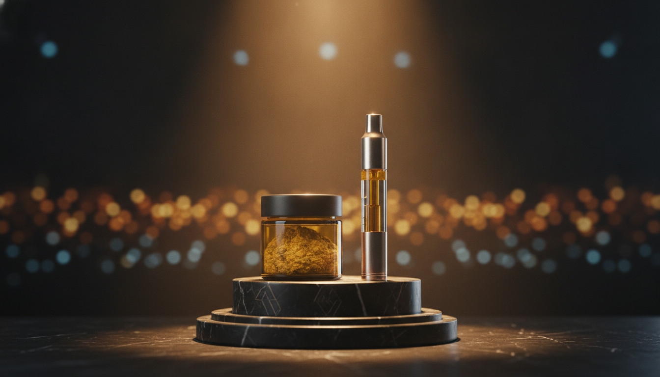ONYX product displayed on a trophy pedestal under warm spotlight on a dim stage, conveying prestige and excellence.