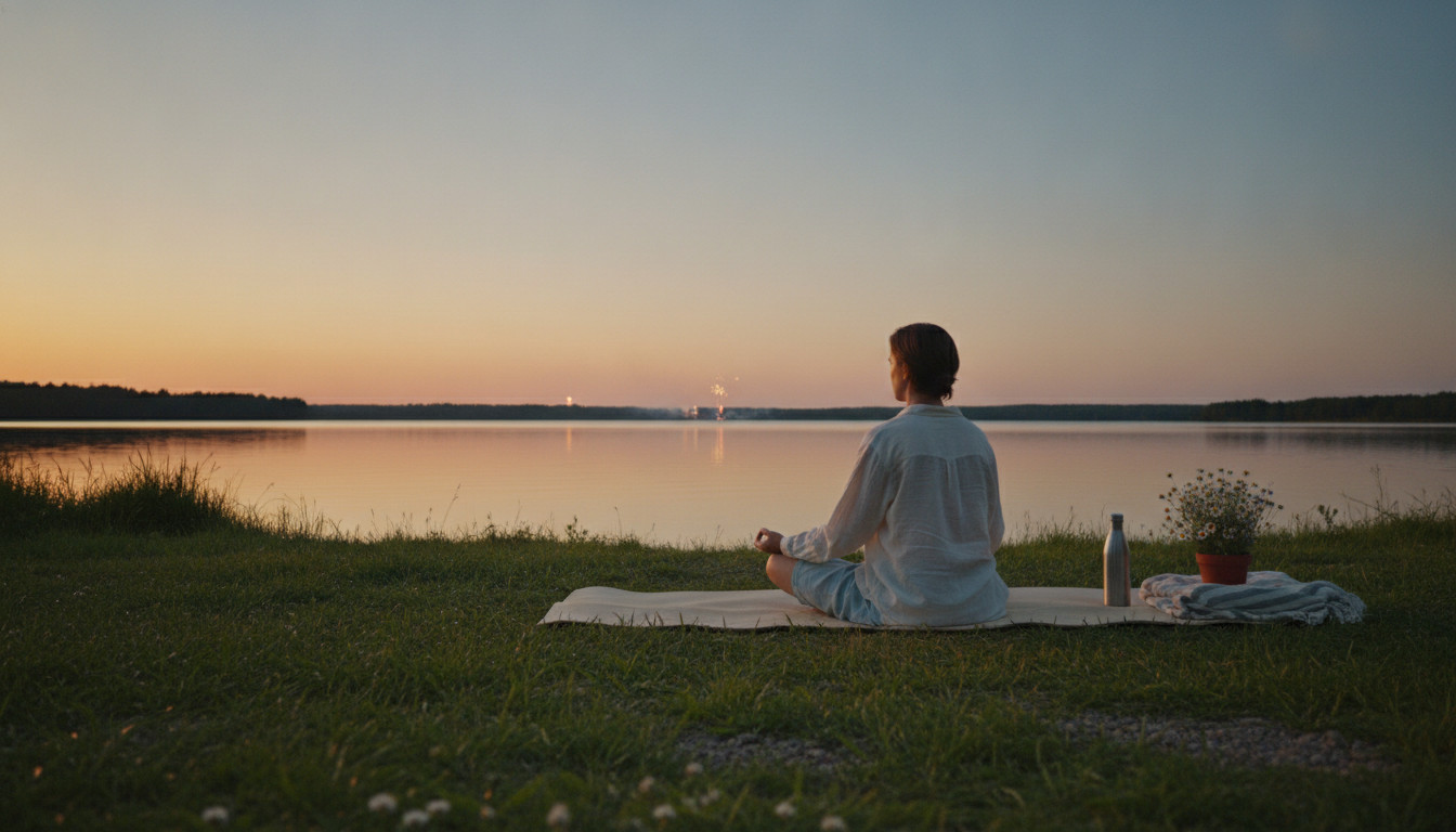 Post 4th of July wellness scene: person meditating at lakeside during twilight with faint distant fireworks