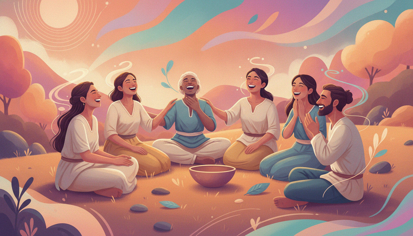 Group of diverse adults laughing together in a bright, colorful psychedelic circle