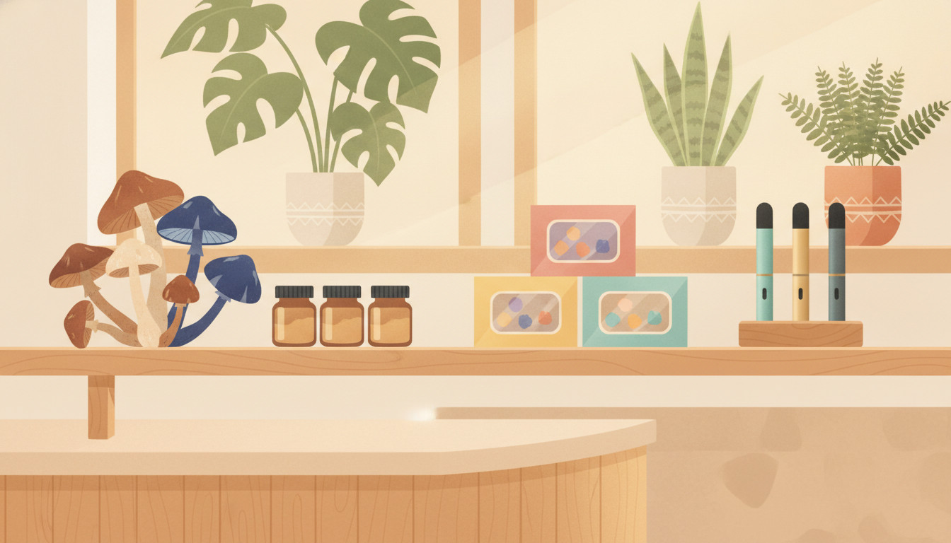 Illustration of a market shelf with mushrooms, microdose gummies, amber jars and vape pens, warm retail interior