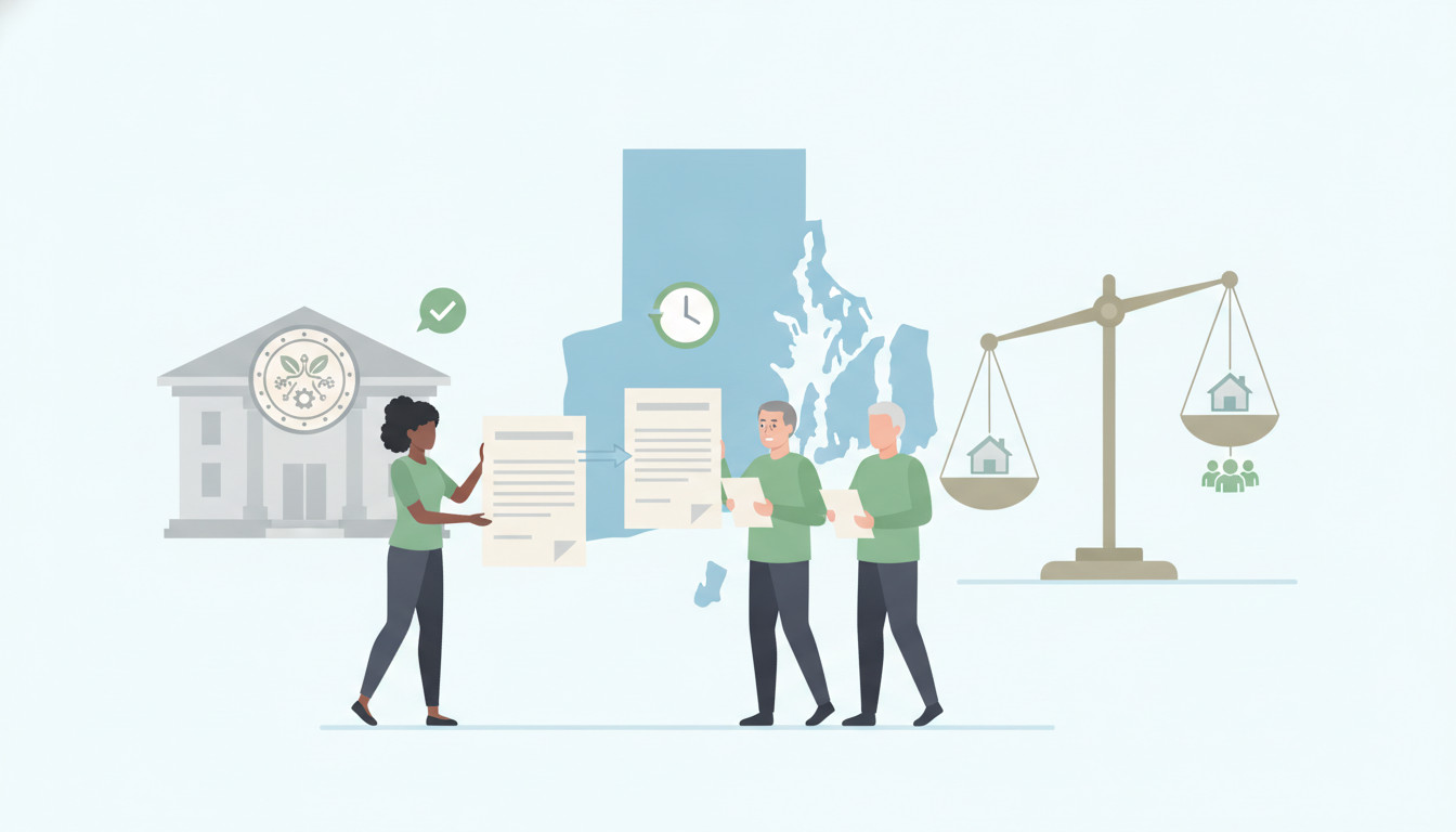 Illustration showing Rhode Island map, applicants submitting license documents, Cannabis Control Commission building, and a balance scale symbolizing residency rule changes