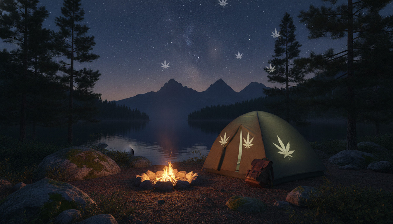 Scenic cannabis camping campsite at dusk with tent, campfire, pine trees and starry sky