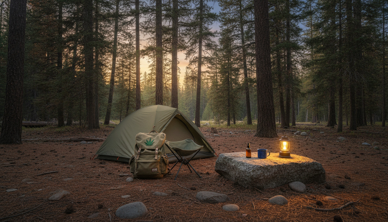 Serene campsite with discreet hemp patch and CBD oil bottle