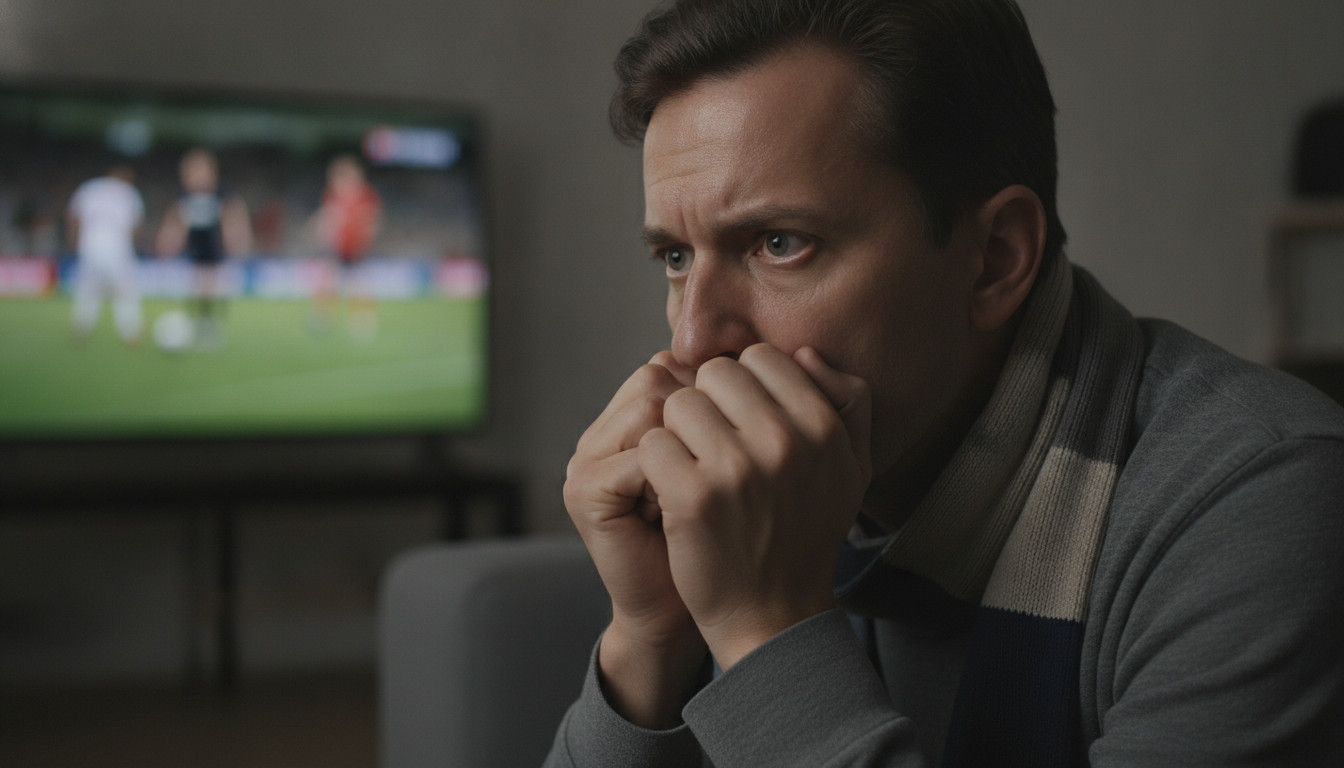 Soccer fan showing anxiety while watching a World Cup match