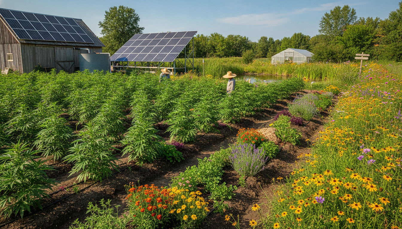 Sustainable cannabis farm showing solar panels, drip irrigation, compost, and sun-grown rows