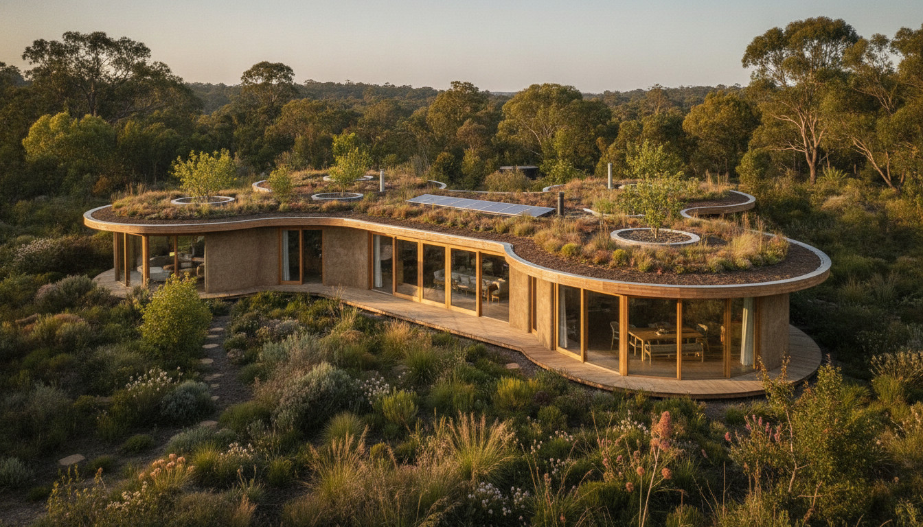 Exterior view of a modern eco-friendly hemp house with green roof and timber accents