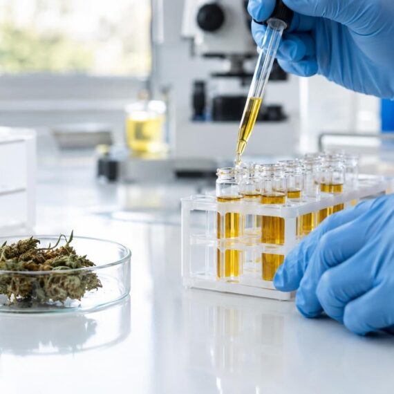 Lab technician pipetting golden hemp extract into test vials next to a dried hemp flower