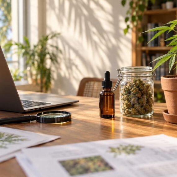 Desk with a laptop, magnifying glass, dropper bottle, jar of dried hemp flower and a potted hemp plant