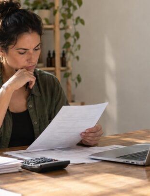 Cannabis business owner reviewing tax documents in dispensary office