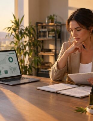 Workspace with CBD products and laptop showing cannabis brand strategy analytics